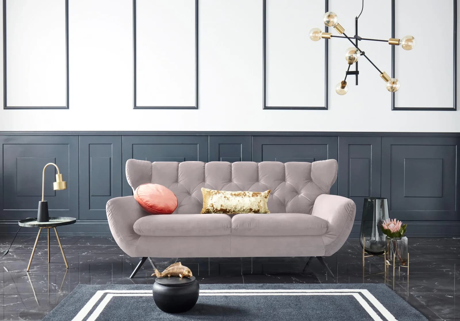 3C CANDY Beatrice 2,5-Sitzer Sofa Rosa Samt-Optik Retro