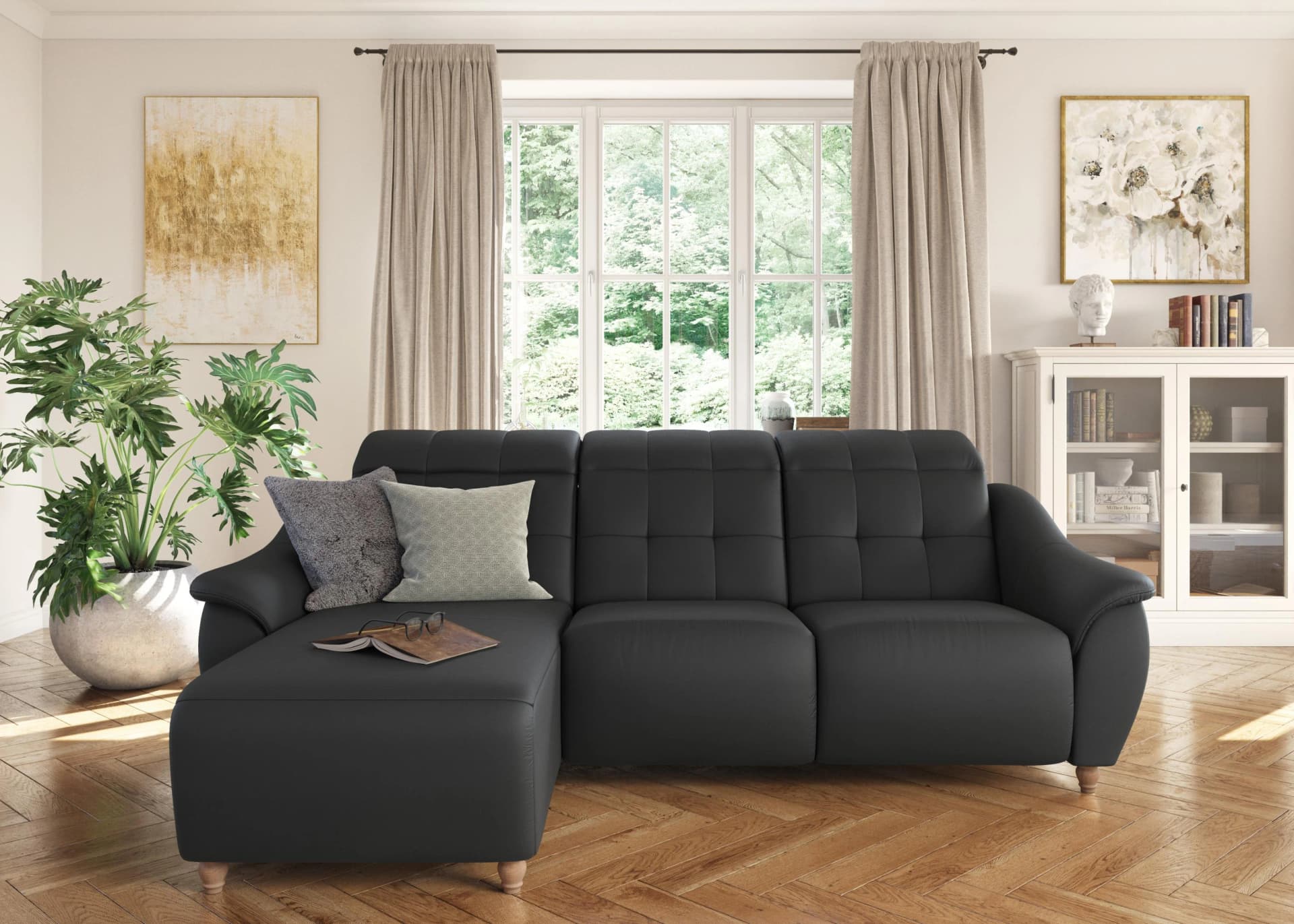 HOME AFFAIRE Boston L-Form Ecksofa Schwarz mit elektrischer Kopfteilverstellung