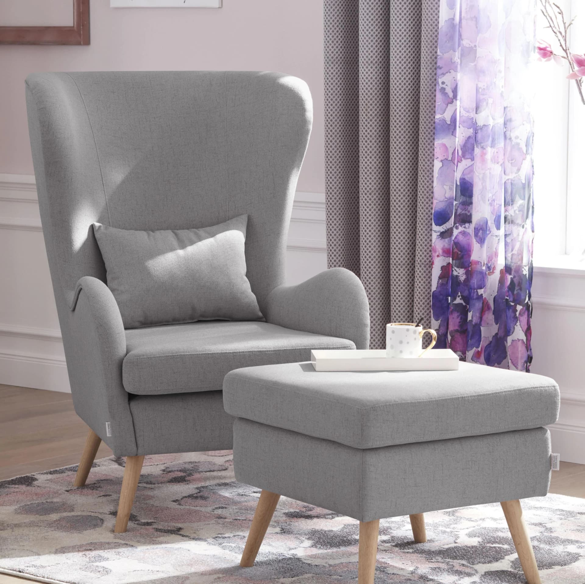 HOME AFFAIRE Sessel Salla Grau mit Hocker Ohrensessel