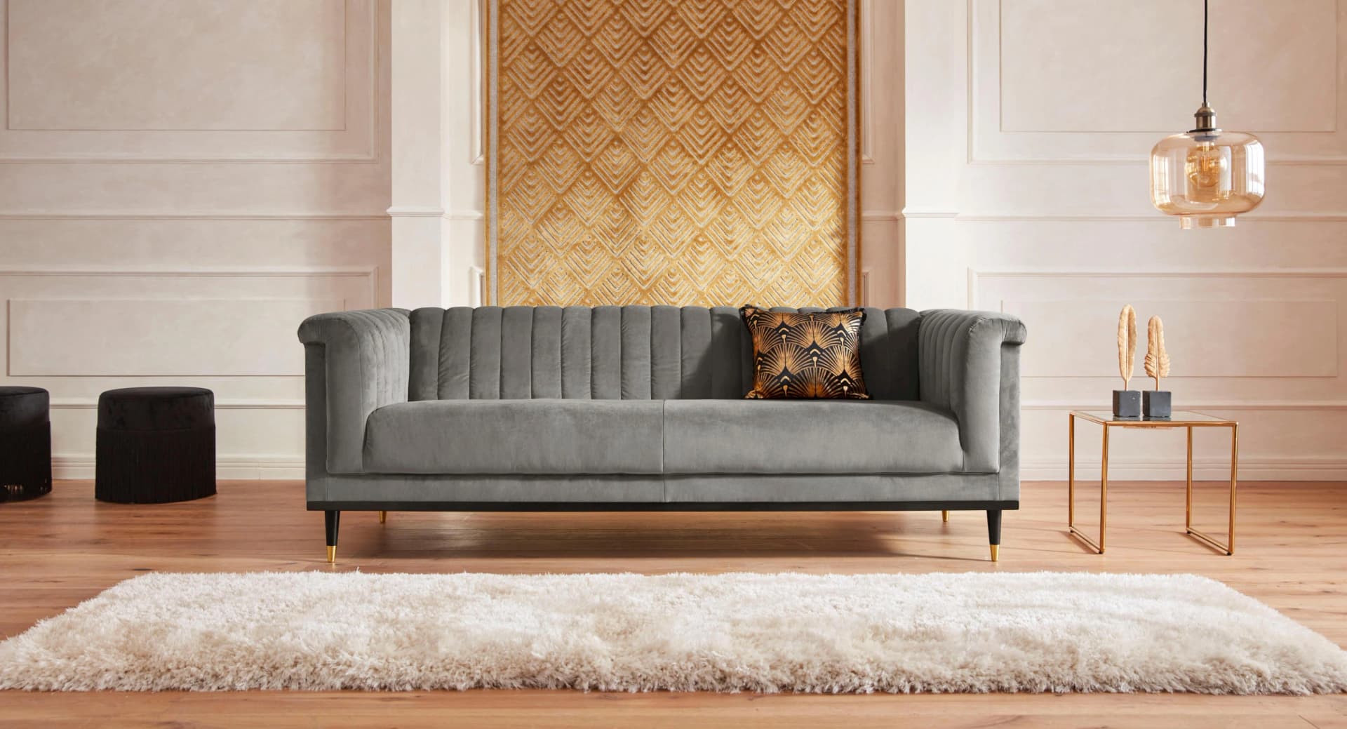 HOME AFFAIRE Chamby 3-Sitzer Sofa hellgrau Samtoptik