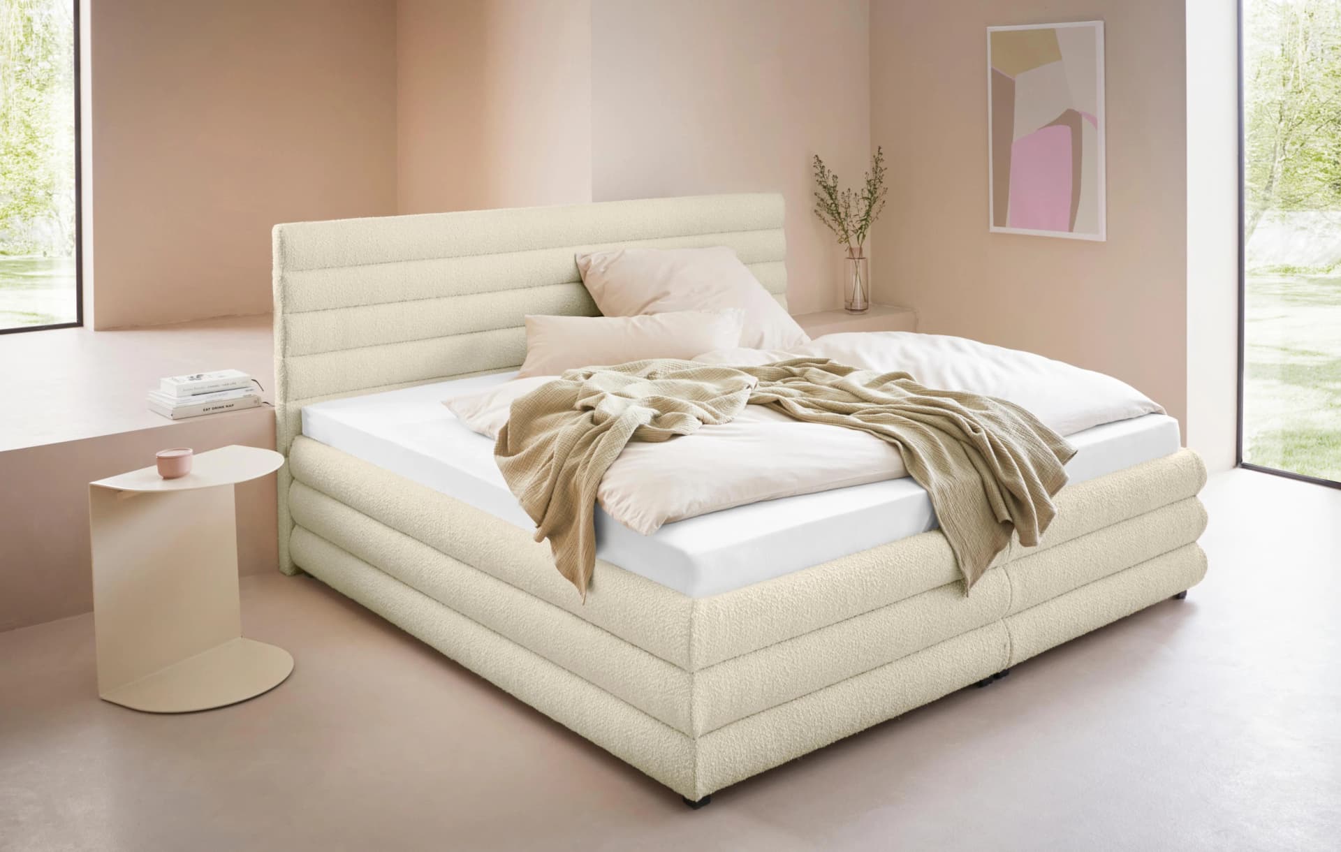 LeGer Home Polsterbett Maylis Bouclé Creme mit Bettkasten