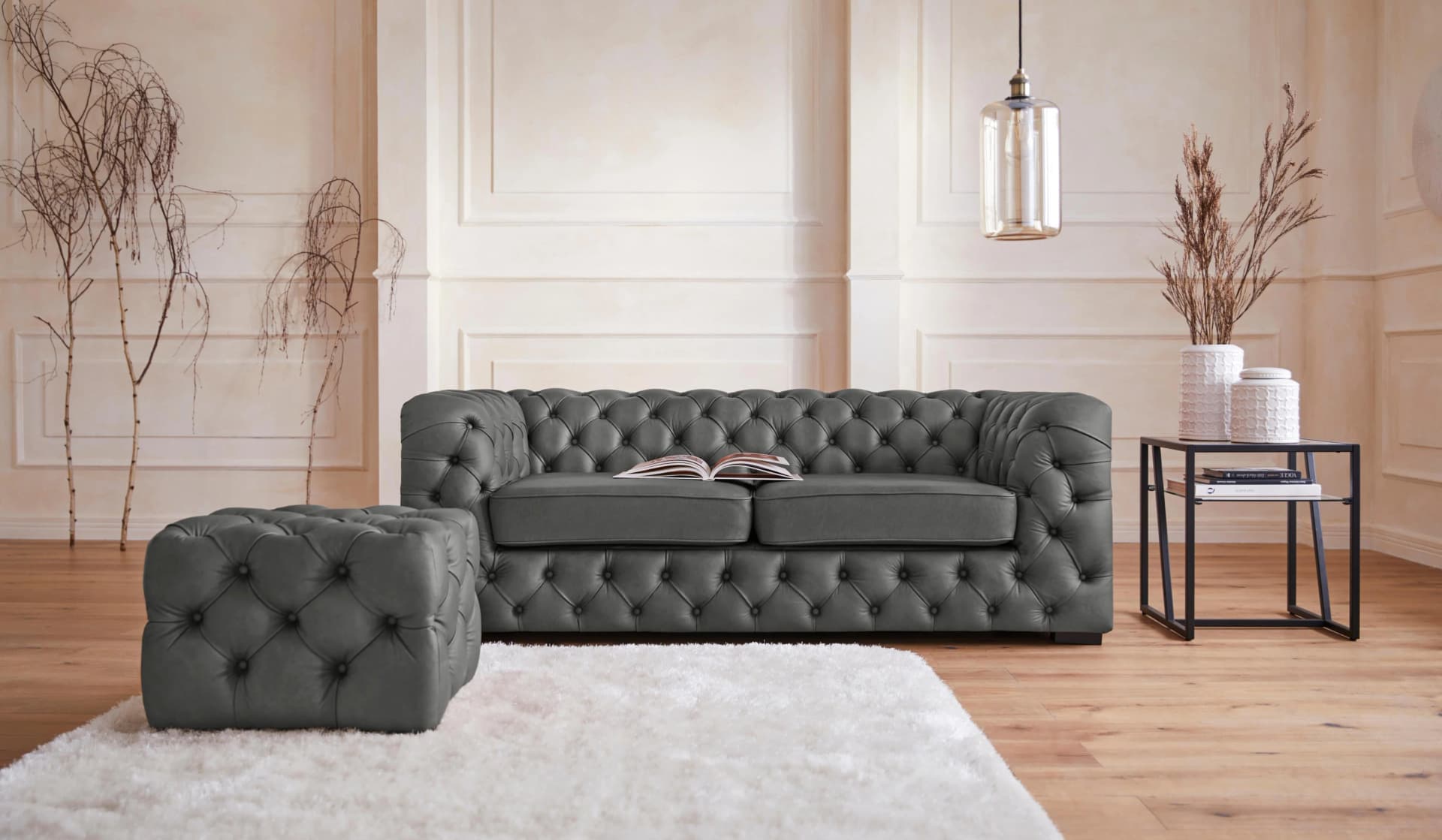 HOME AFFAIRE Chesterfield-Sofa Kalina Dunkelgrau Naturleder