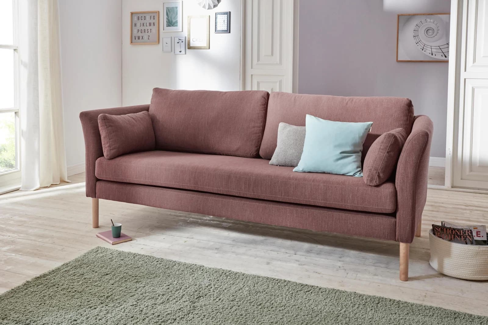 ANDAS 3-Sitzer Sofa "Grenzda" Beere Massivholzfüße