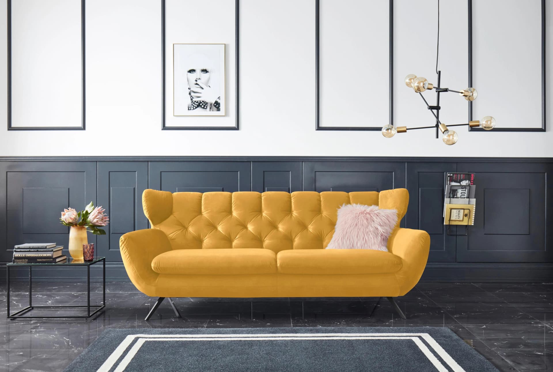 Candy Beatrice 3-Sitzer Sofa Retro Modern Curry Samt-Optik