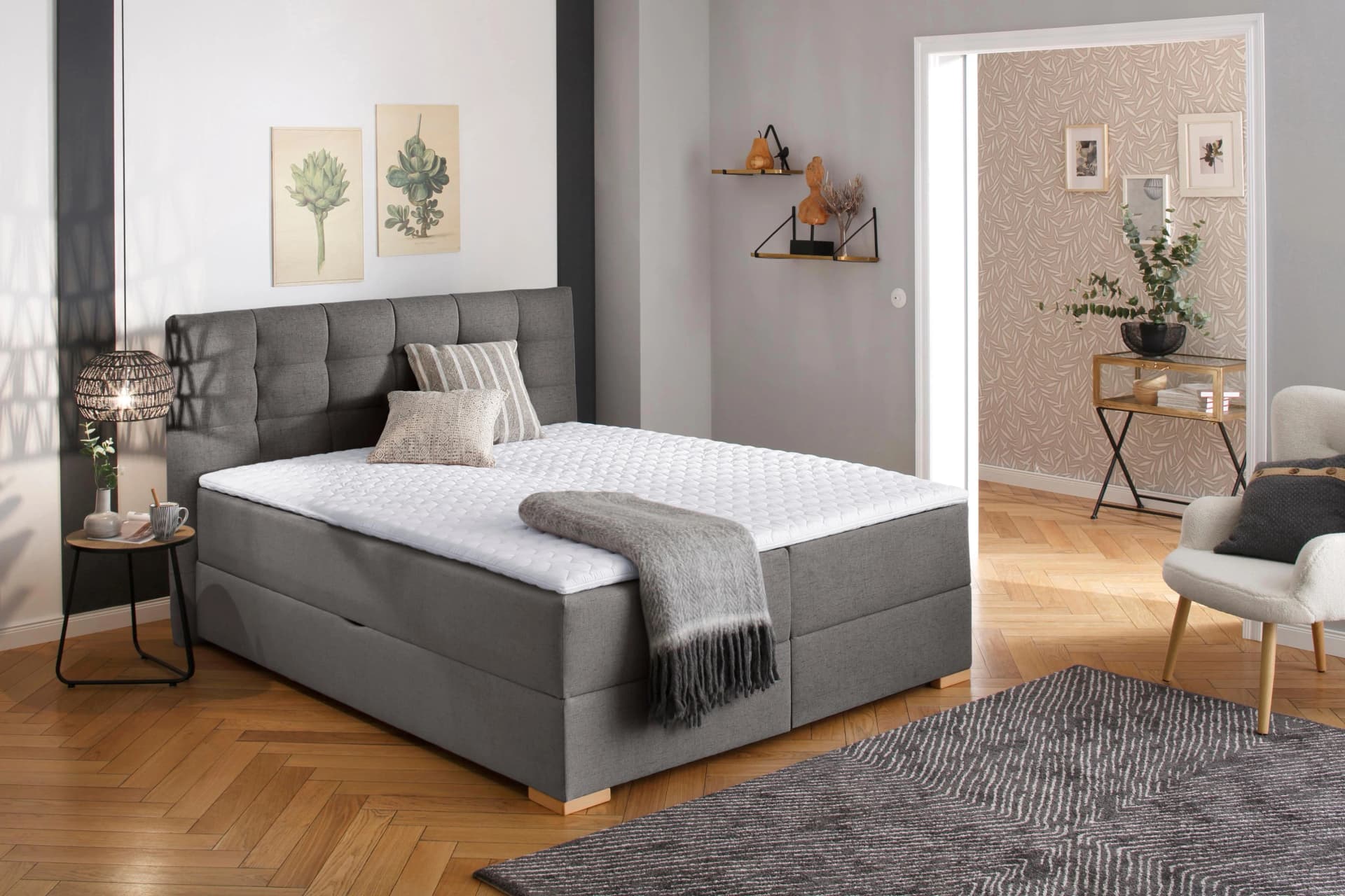 Home Affaire Boxbett Olivet Grau mit Bettkasten und 2 Matratzen