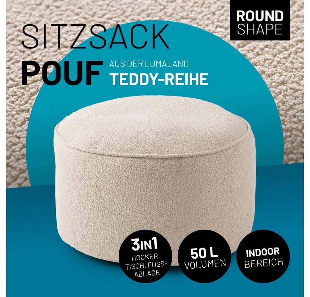 Lumaland Pouf Sitzsack Teddy 50L Beige - Weicher Waschbarer Sitzhocker