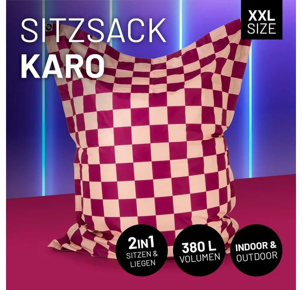 Lumaland Sitzsack XXL Karo 380L Weinrot/Pfirsich mit EPS-Perlen