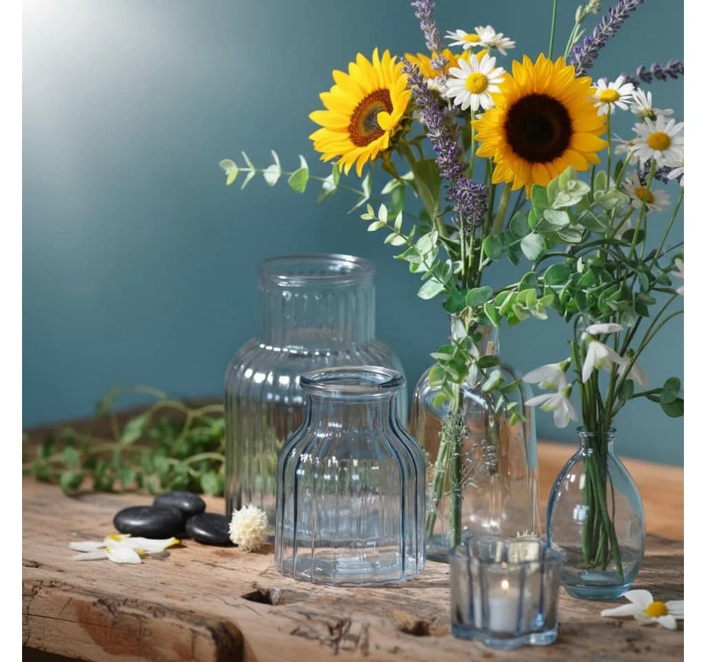 Florists Products Tischvase Blumenvase Glas Rillen Design Blau Retro