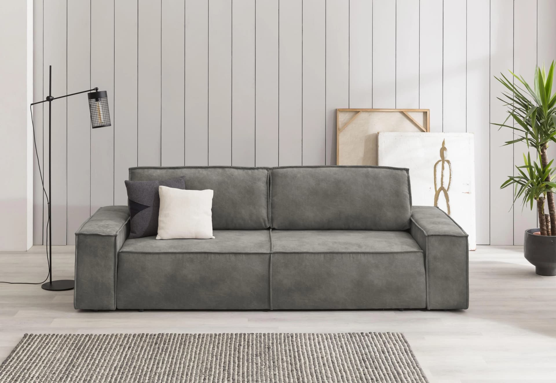 HOME AFFAIRE Schlafsofa SHERWOOD 3-Sitzer Grau Vintage-Lederoptik