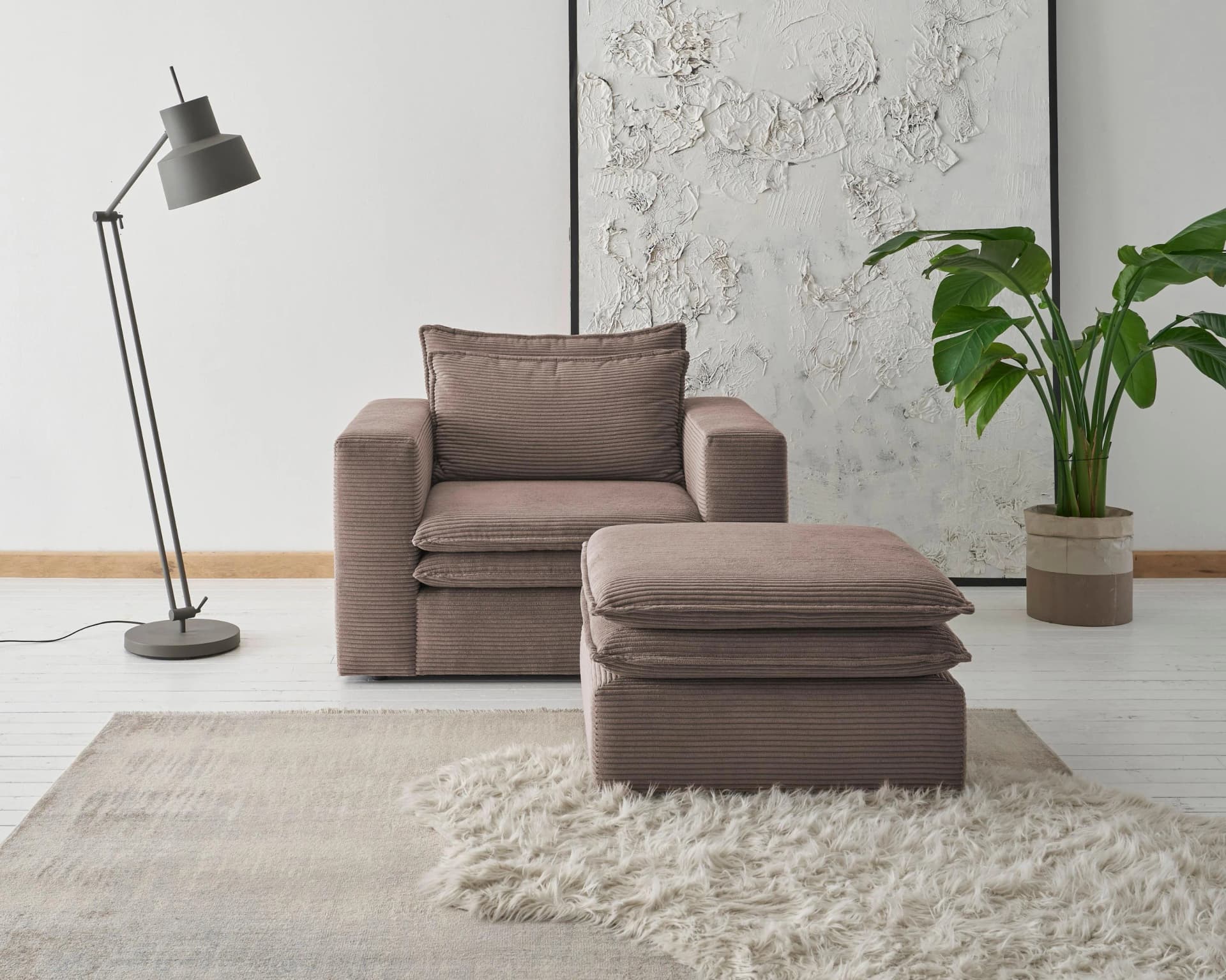 HOME AFFAIRE PIAGGE Sitzgruppe Sessel mit Hocker Cord-Optik Hellbraun