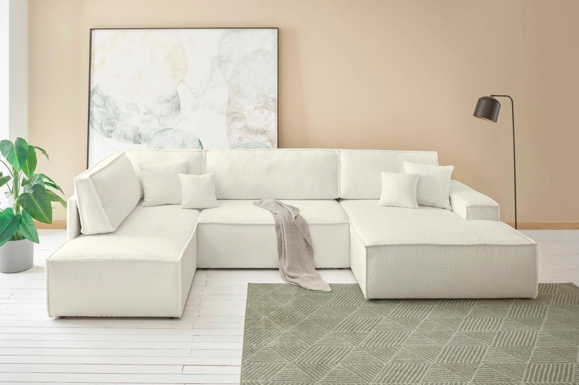 OTTO HOME FINNLEY U-Form XXL Wohnlandschaft Weiß Bouclé