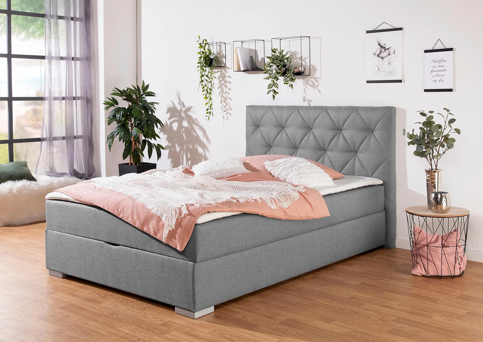 Boxbett HOME AFFAIRE Tynan Grau mit Bettkasten und Matratze