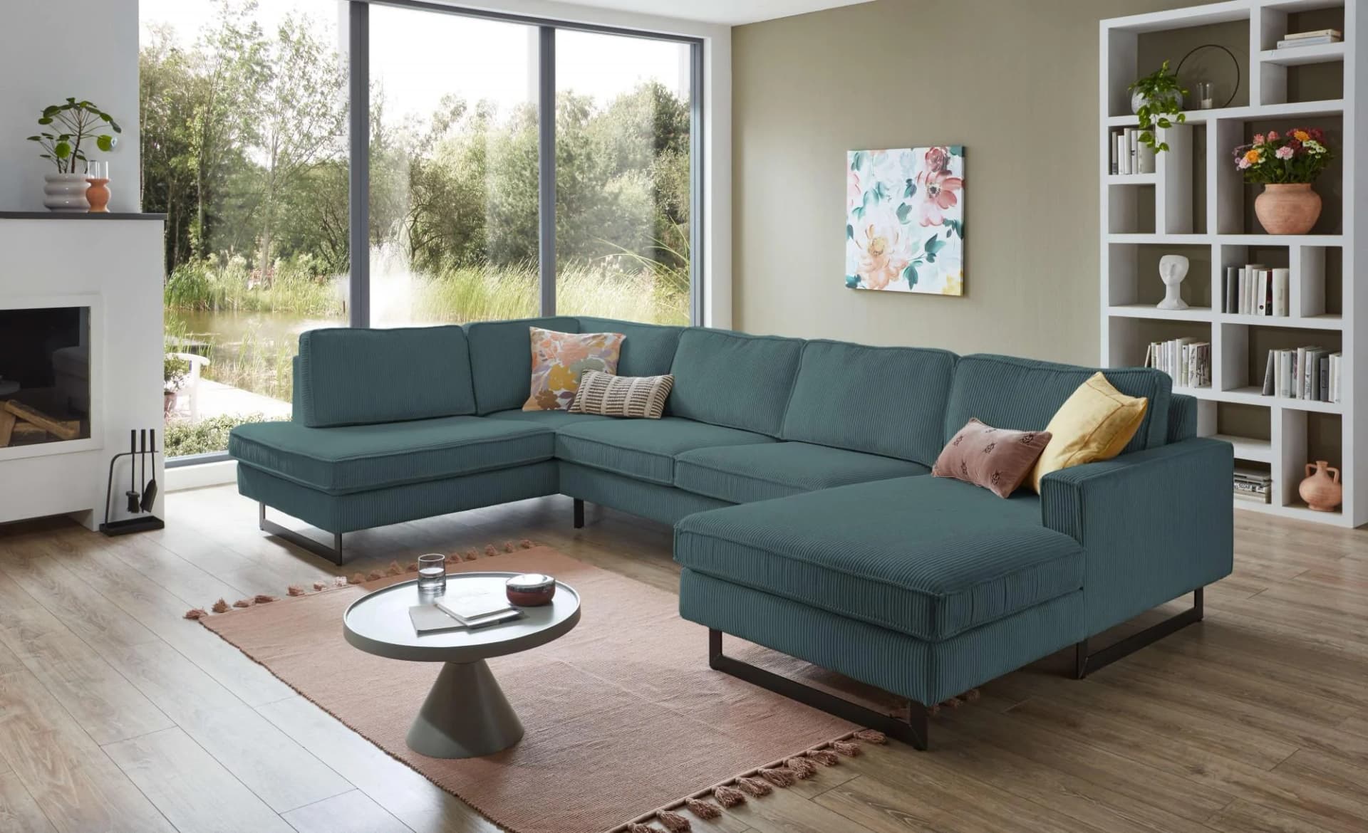 HOME AFFAIRE Pinto Wohnlandschaft U-Form Azur Blau mit Ottomanen