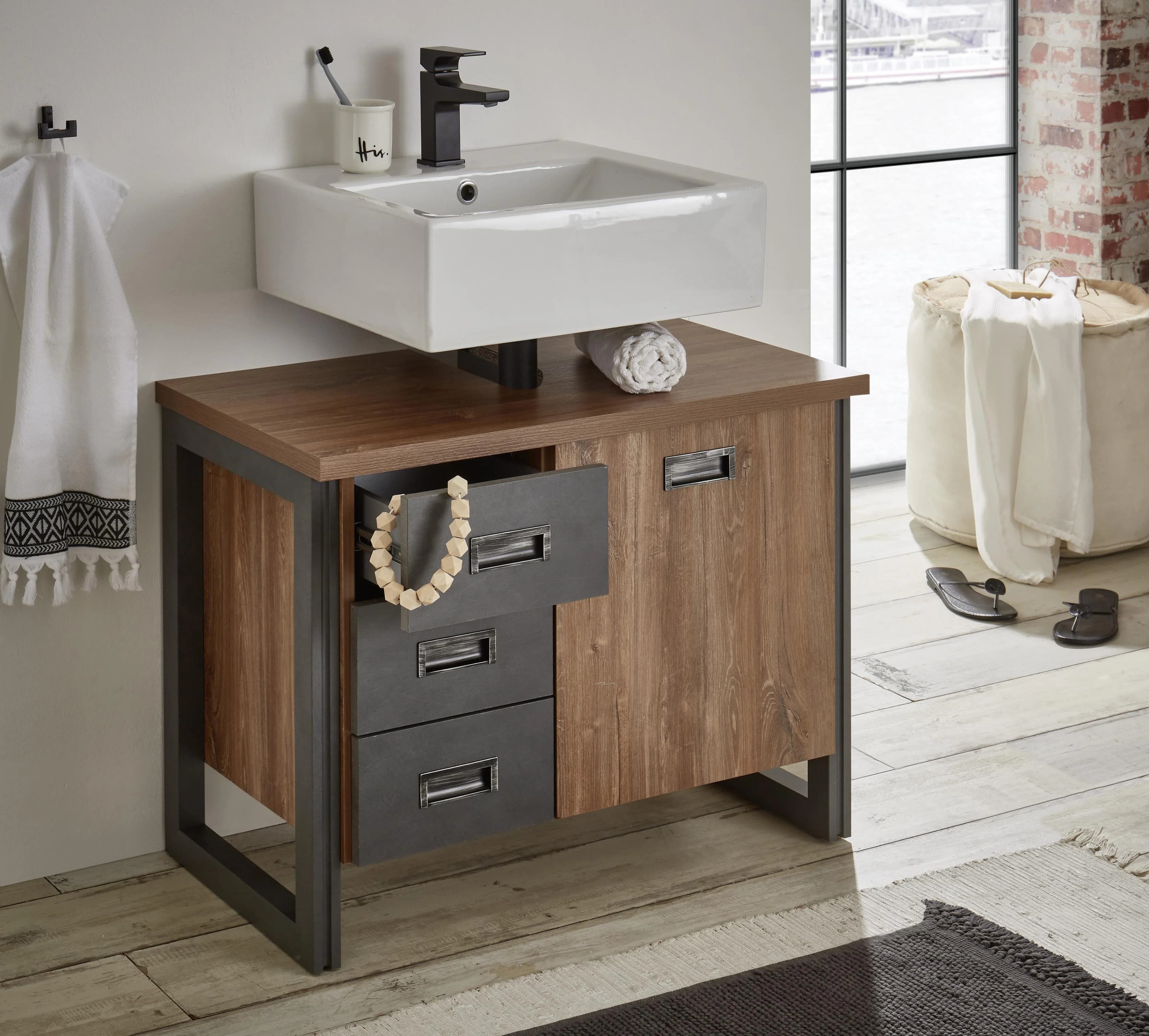 HOME AFFAIRE Detroit Waschbeckenunterschrank Industrialdesign Braun/Grau