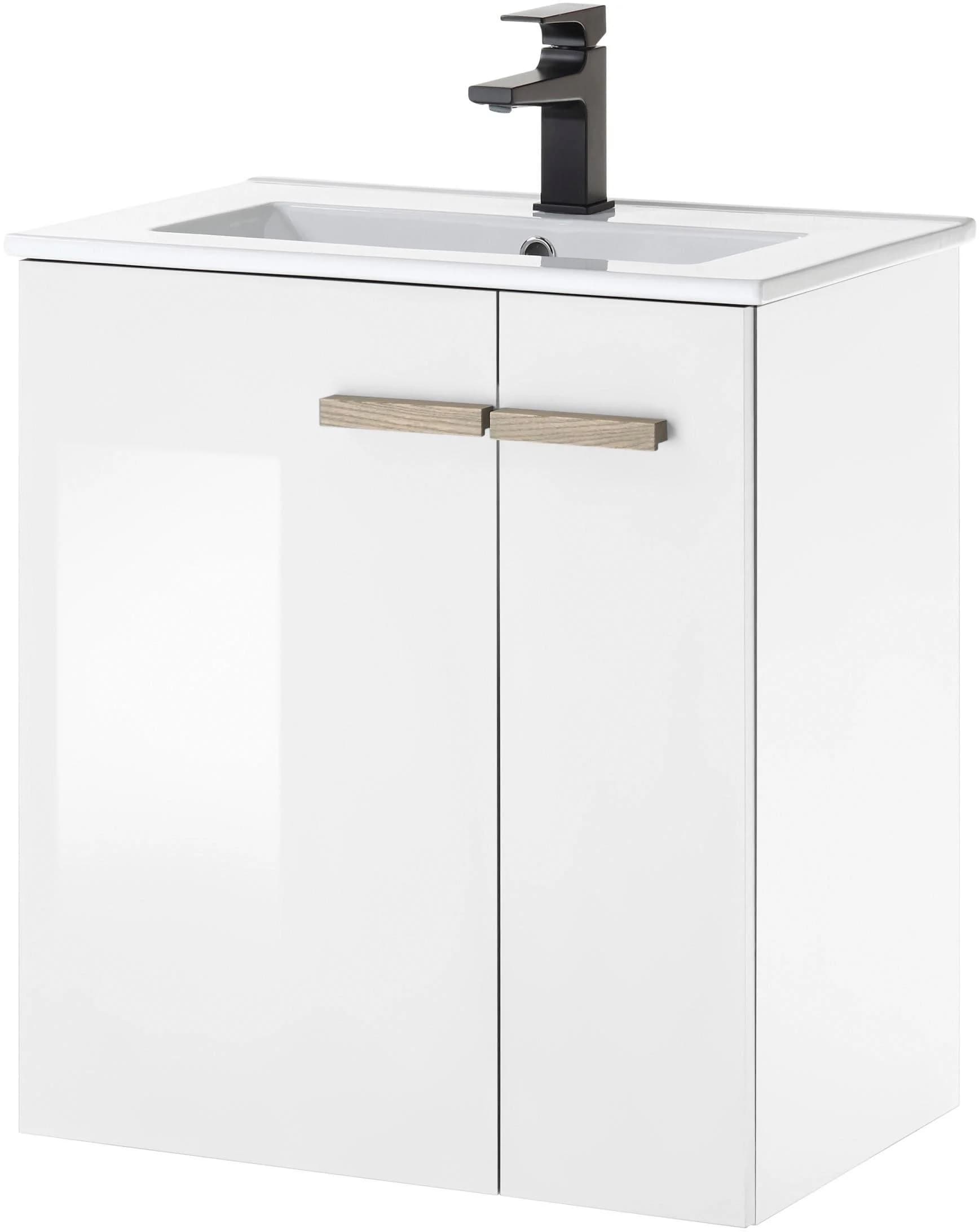 Waschtisch PLACES OF STYLE SOLiD Unterschrank inkl. Waschbecken Badschrank mit Holzgriffe Weiß