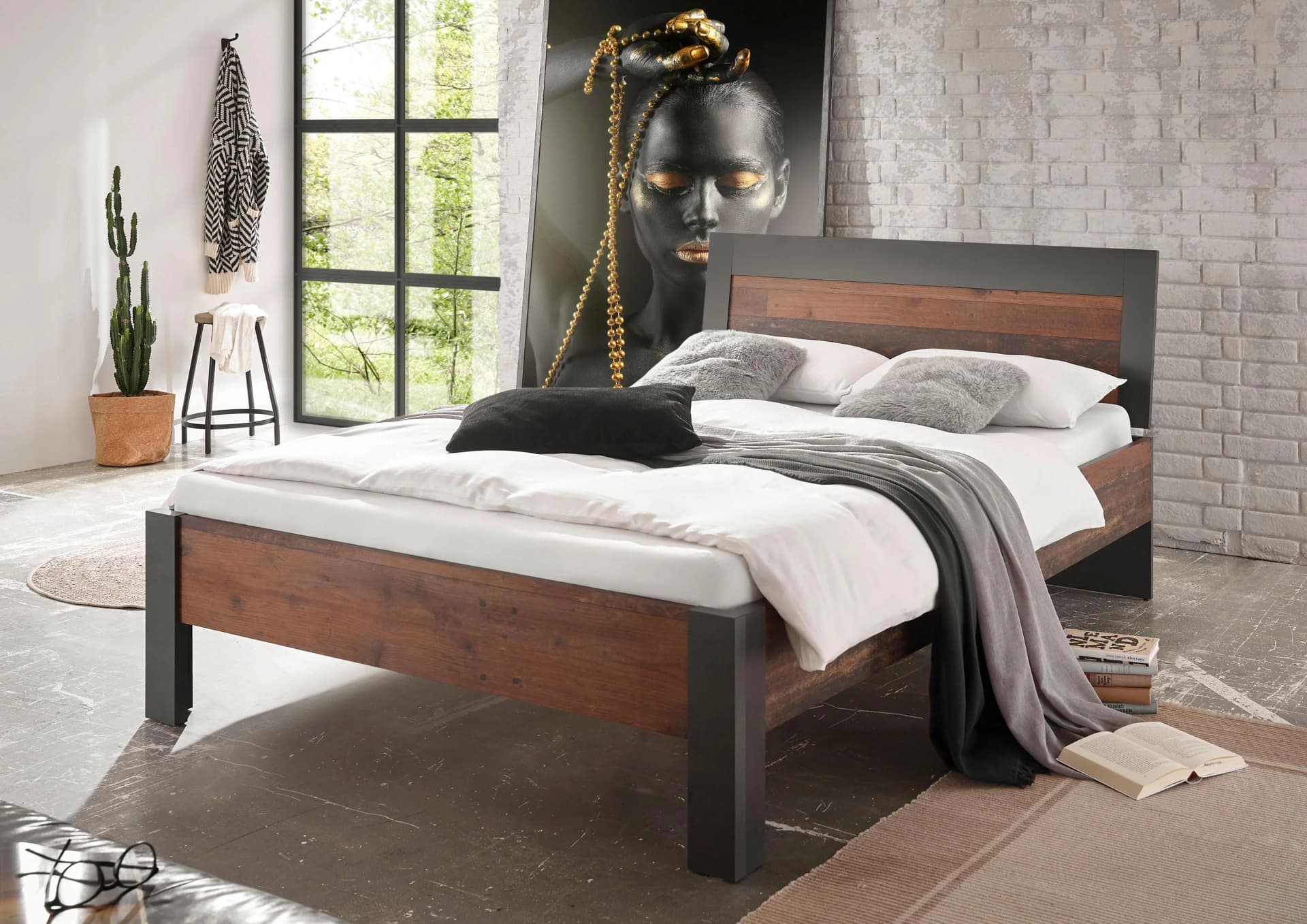 HOME AFFAIRE Brooklyn Einzelbett Industrial Grau Old Mix Dekor