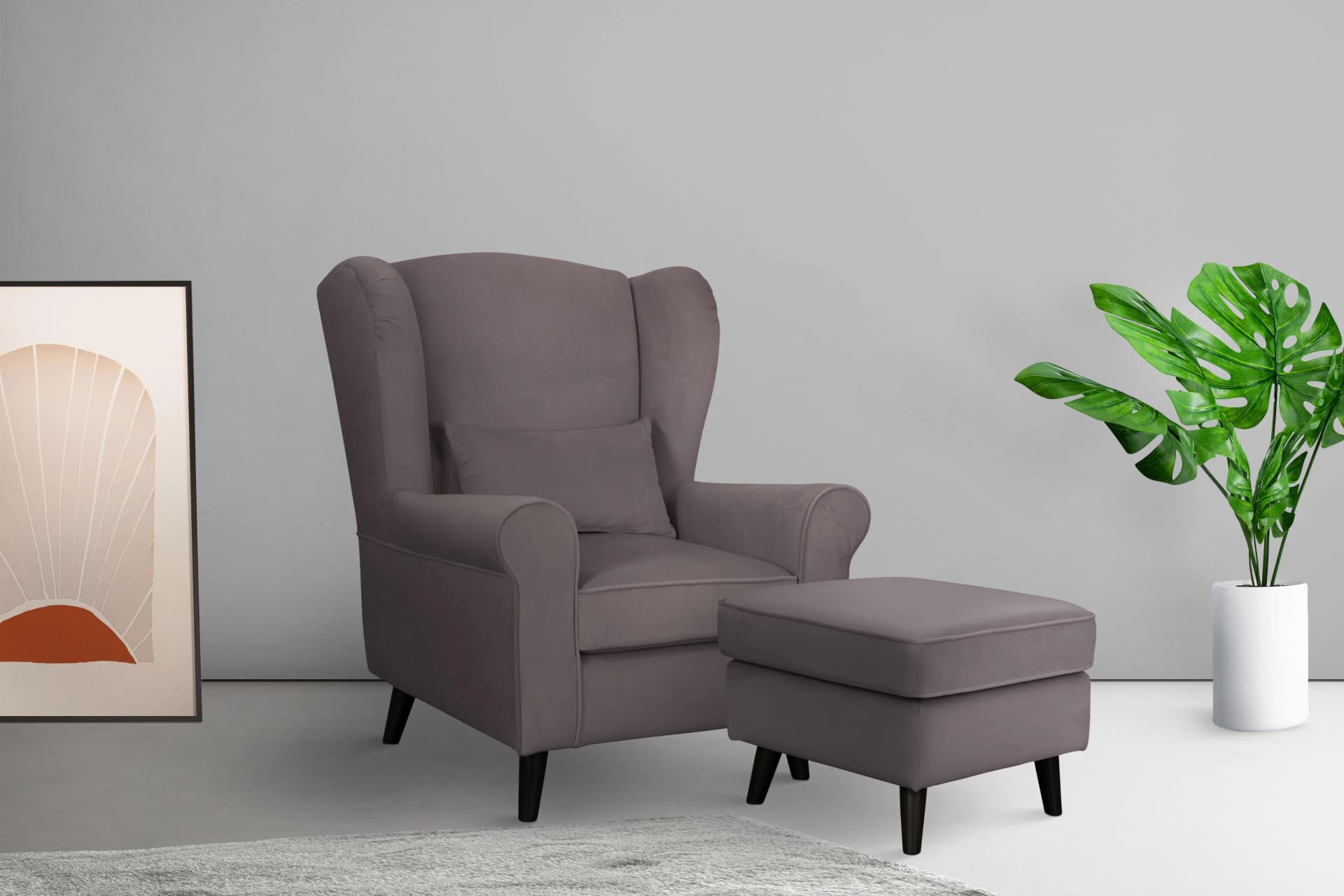 Home Affaire Ohrensessel CHISTELLE Taupe mit Hocker Samtoptik