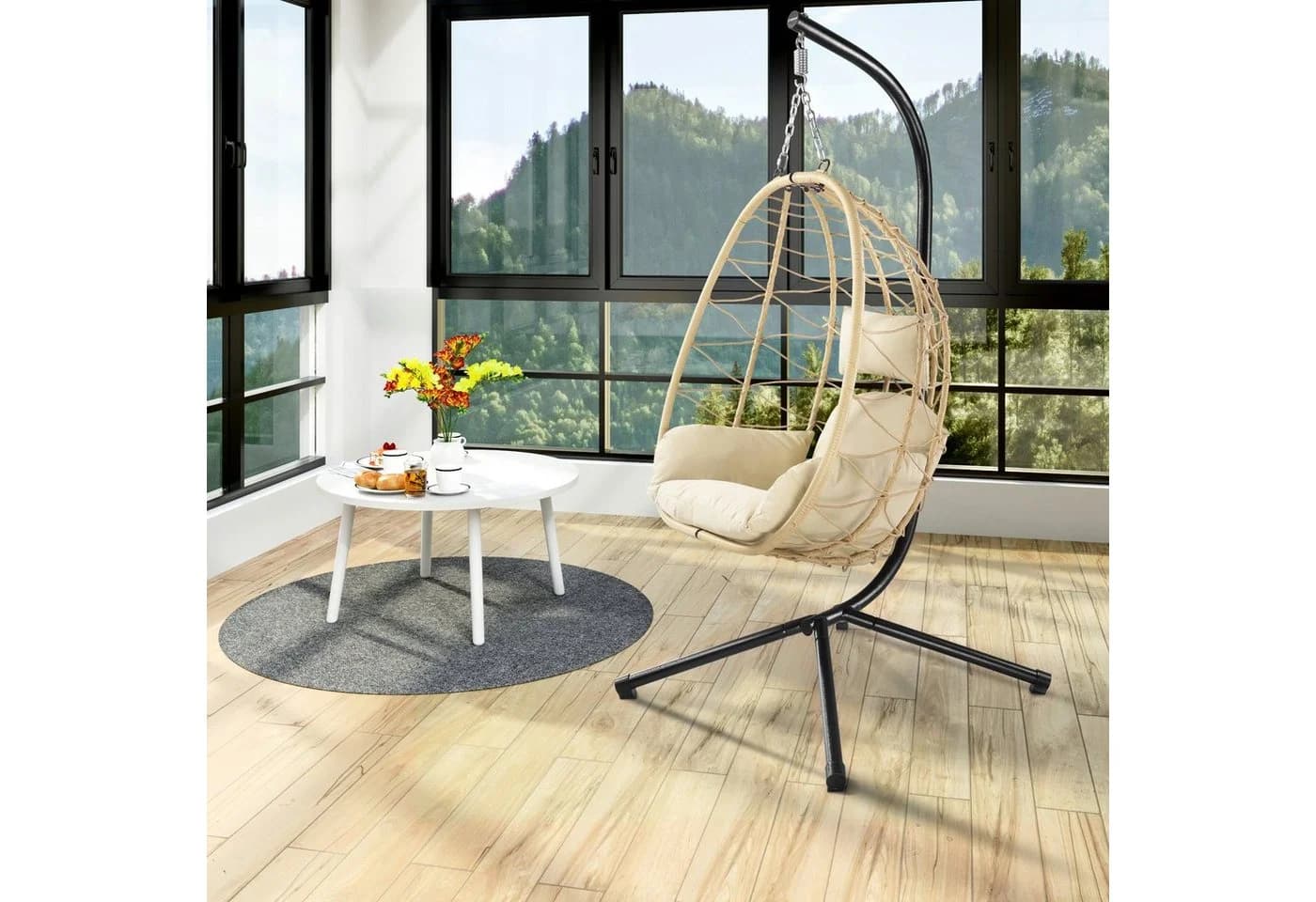 HinHocker Hängesessel mit Gestell, Beige, Faltbar