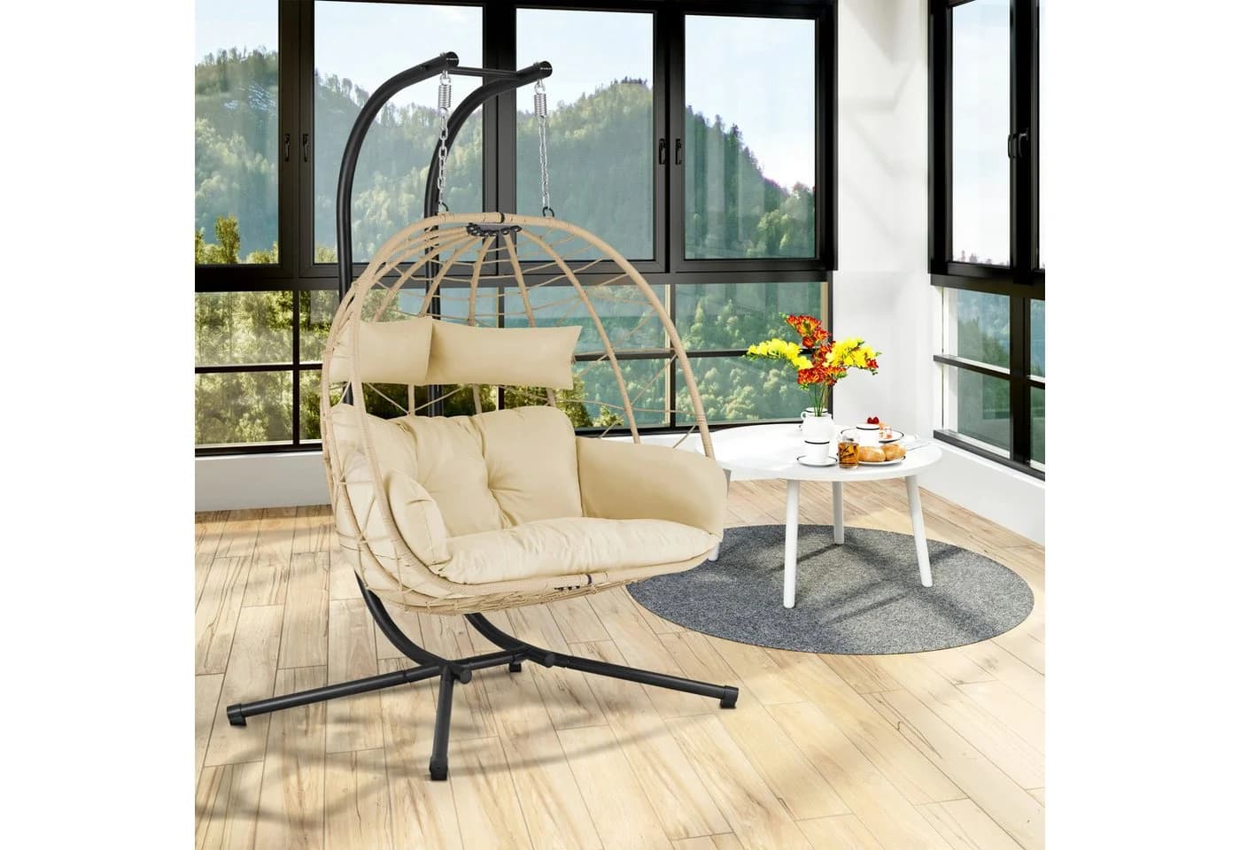 HinHocker Hängesessel für 2 Personen mit Gestell, Creme, Faltbar