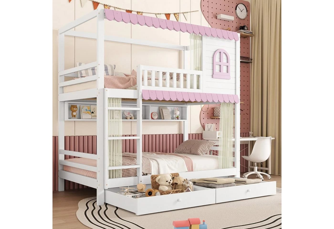 SOFTWEARY Etagenbett Kiefer mit Stauraum, Gardinen und Rausfallschutz