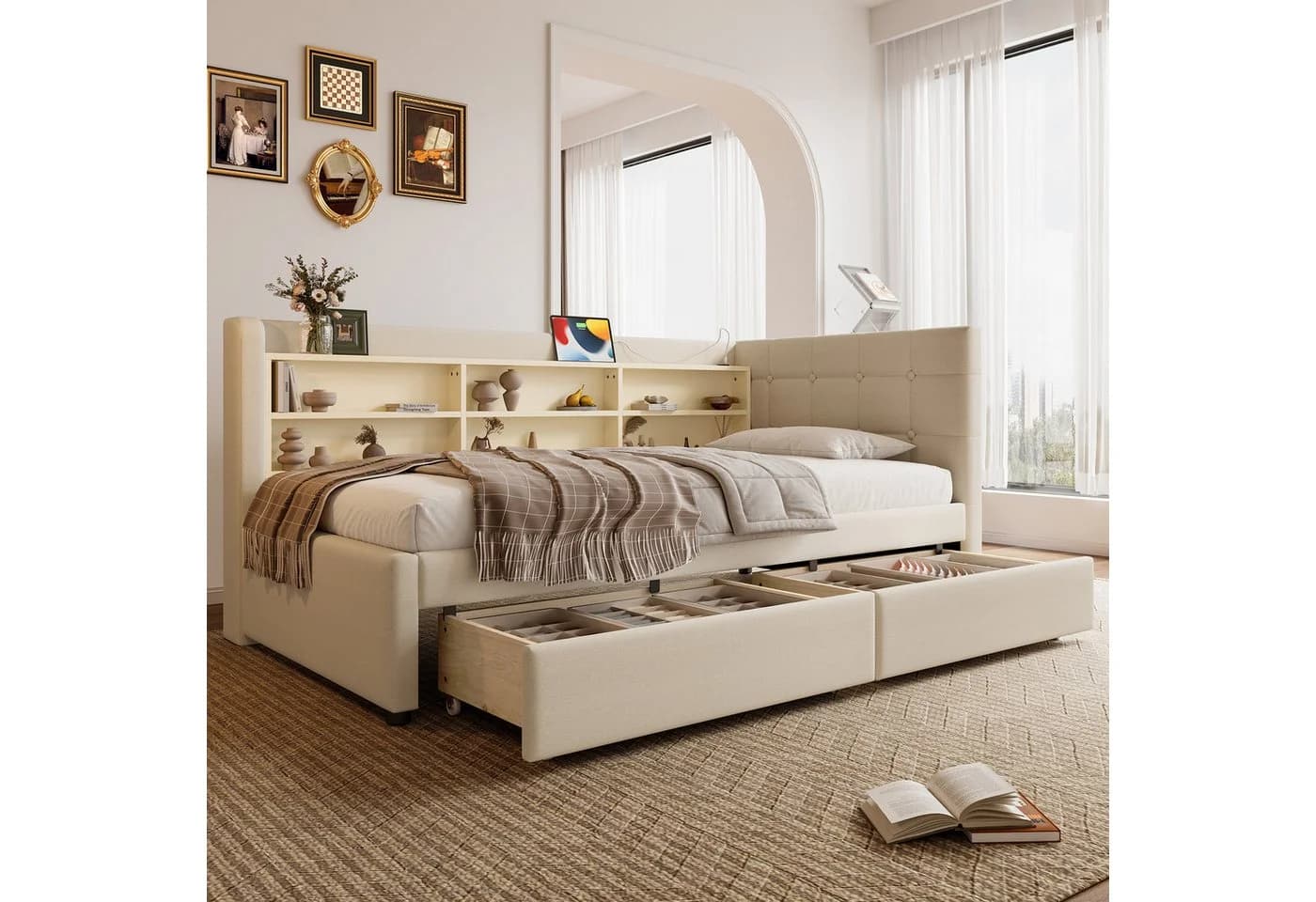 SOFTWEARY Stauraumbett Leinen Beige mit Schubladen und USB