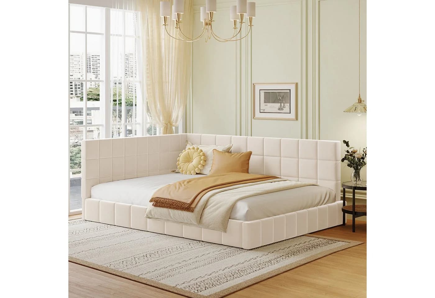 SOFTWEARY Polsterbett mit Lattenrost und gepolstertem Kopfteil Beige Samt