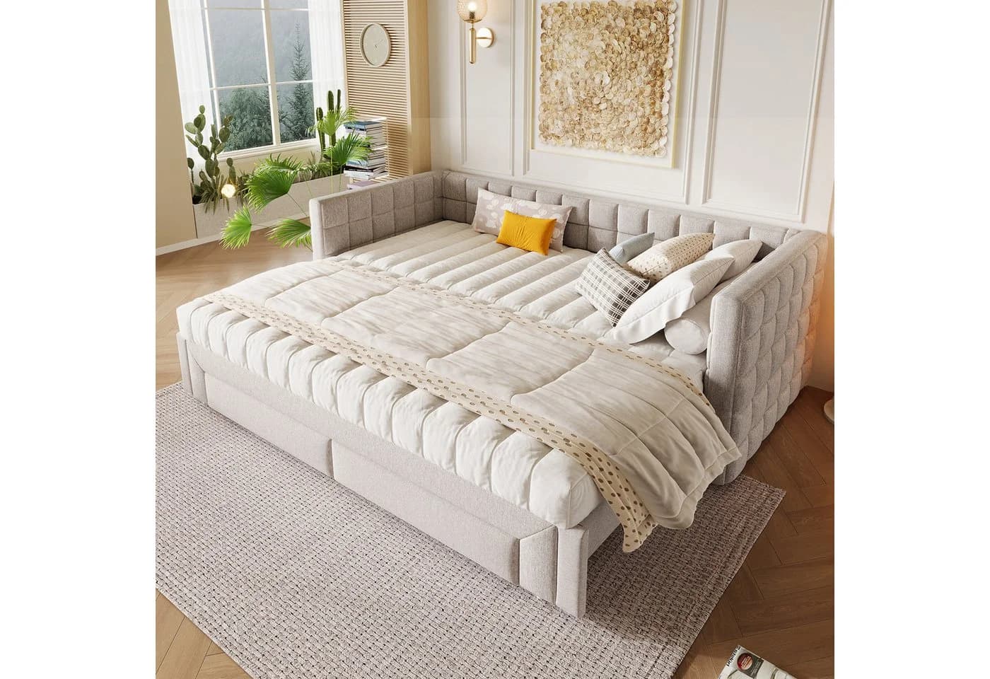 SOFTWEARY Schlafsofa mit Bettfunktion und Schubladen, 90x200cm/180x200cm