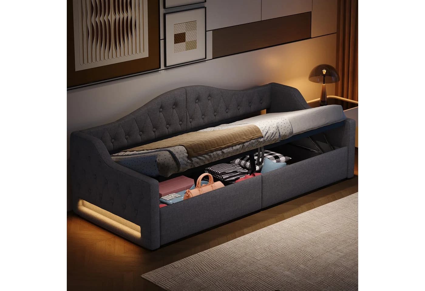 SOFTWEARY Schlafsofa mit LED-Beleuchtung und Stauraum Grau Leinen