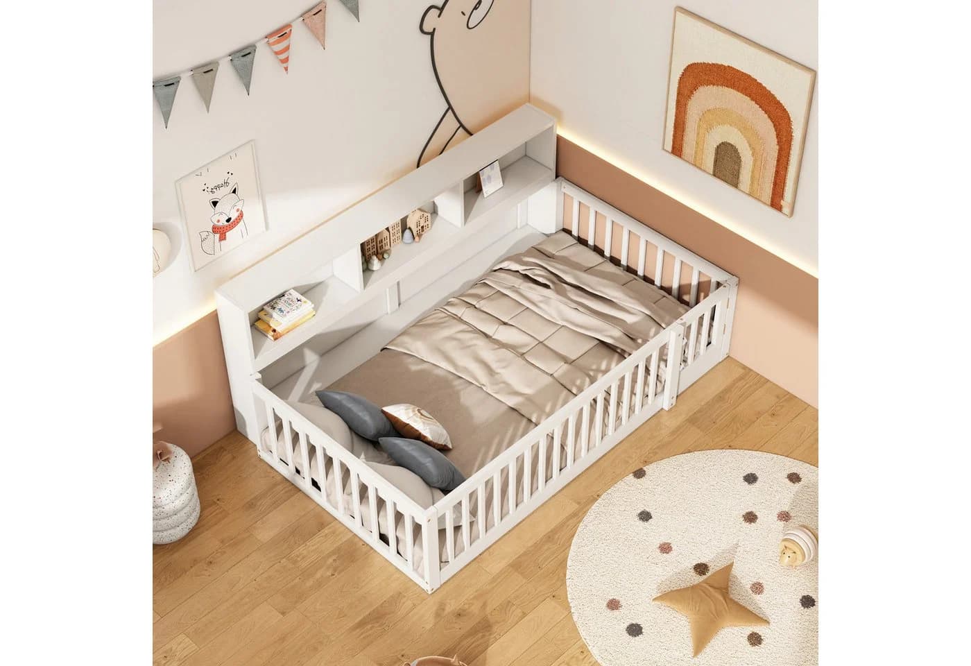 SOFTWEARY Kinderbett mit Lattenrost, Rausfallschutz und Stauraum aus Kiefernholz