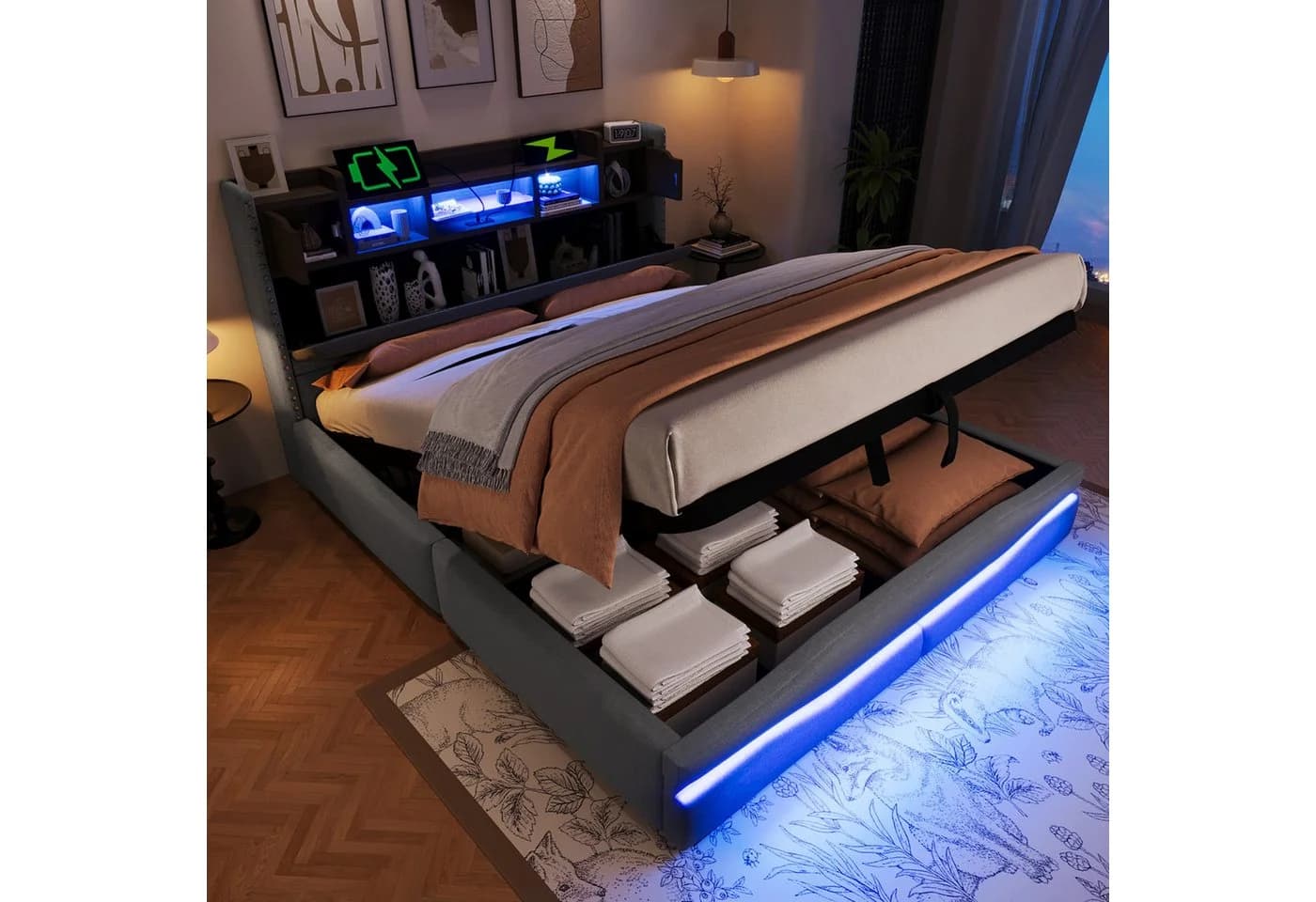 SOFTWEARY Polsterbett mit LED-Beleuchtung und Stauraum Grau
