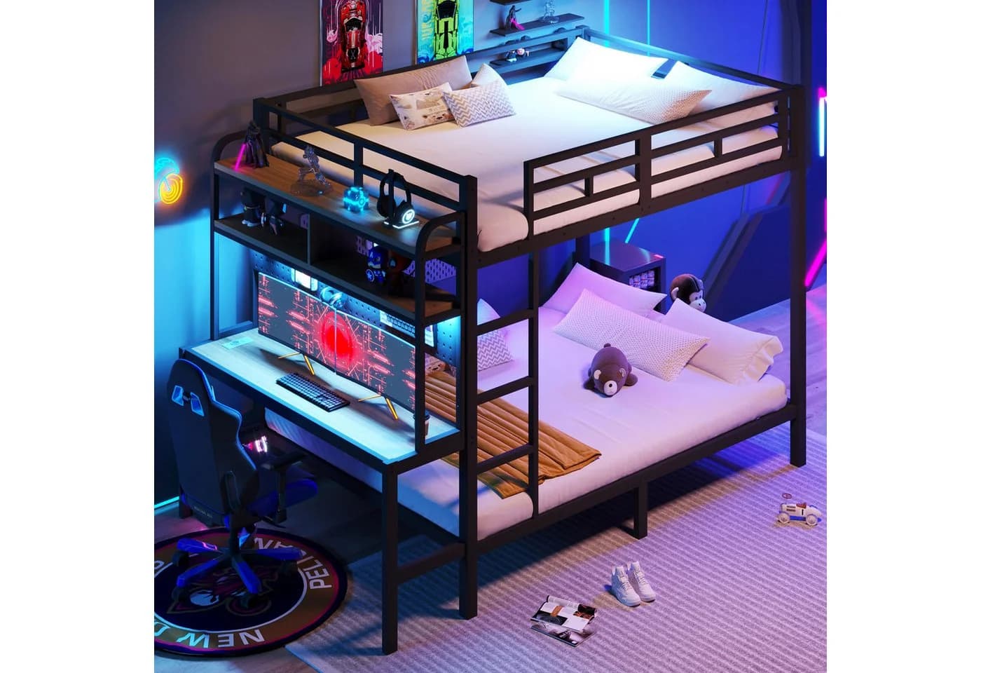 SOFTWEARY Etagenbett mit Schreibtisch, LED & USB Schwarz