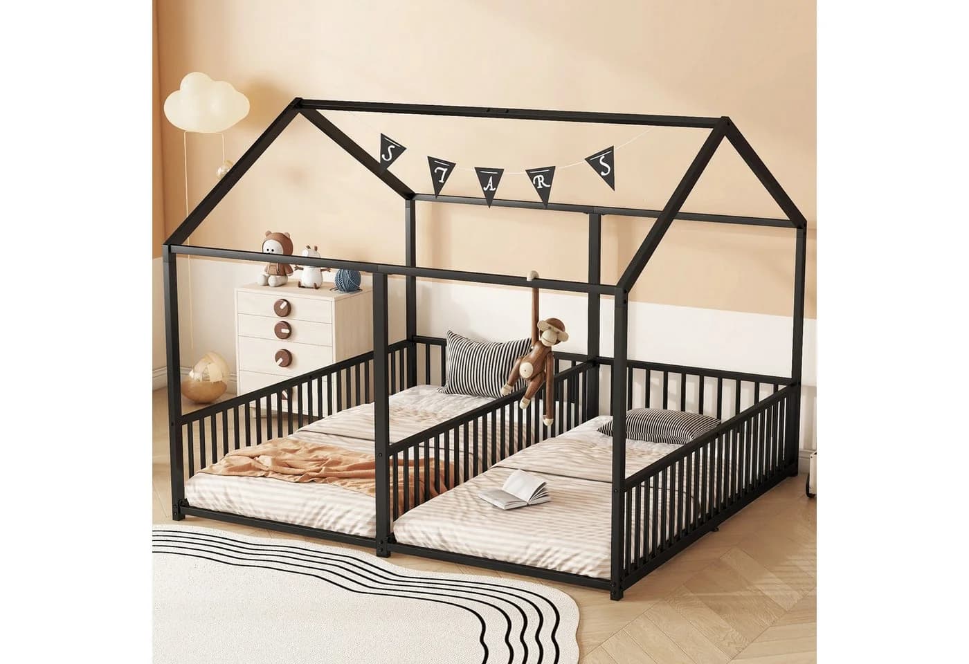 SOFTWEARY Kinderbett 2x 90x200cm Metall schwarz mit Lattenrost