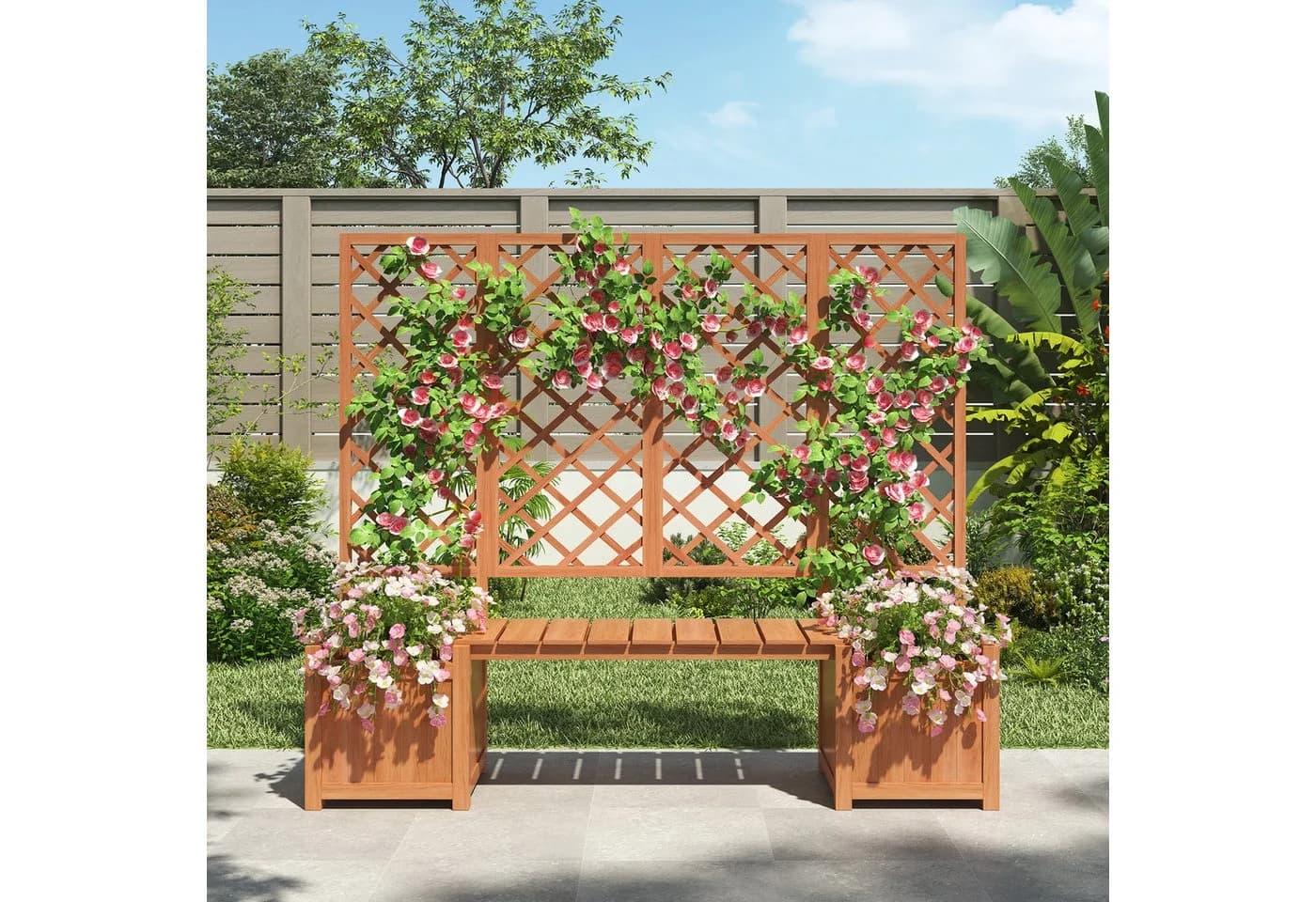 SOFTWEARY Spalier mit Blumenkasten und Sitzflächen Massivholz Braun