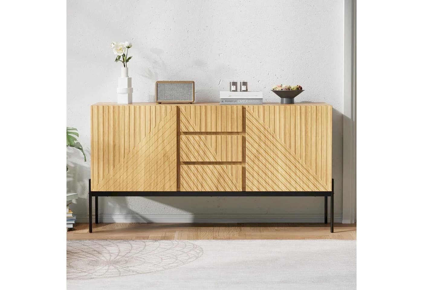 SOFTWEARY Sideboard 140 cm mit 3 Schubladen und Metallfüßen