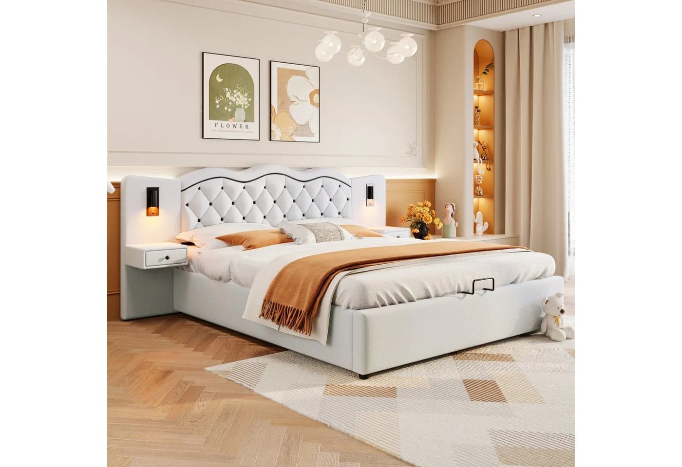 SOFTWEARY Polsterbett mit LED, USB & Nachtische Beige Leinen