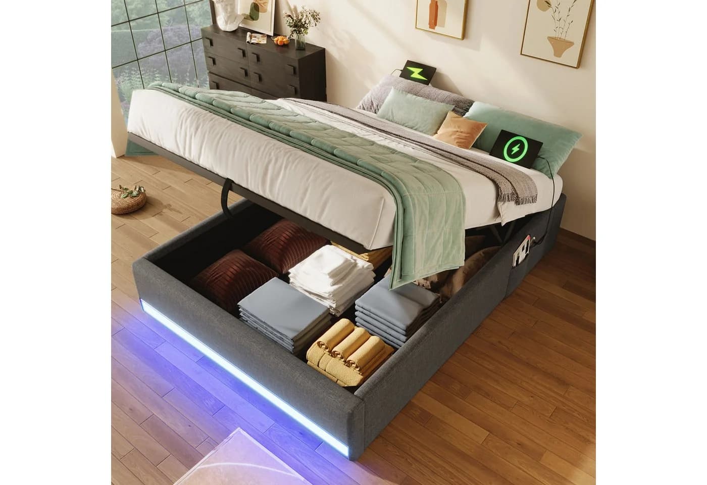 SOFTWEARY Futonbett mit LED-Beleuchtung und Aufbewahrung 90x200 cm