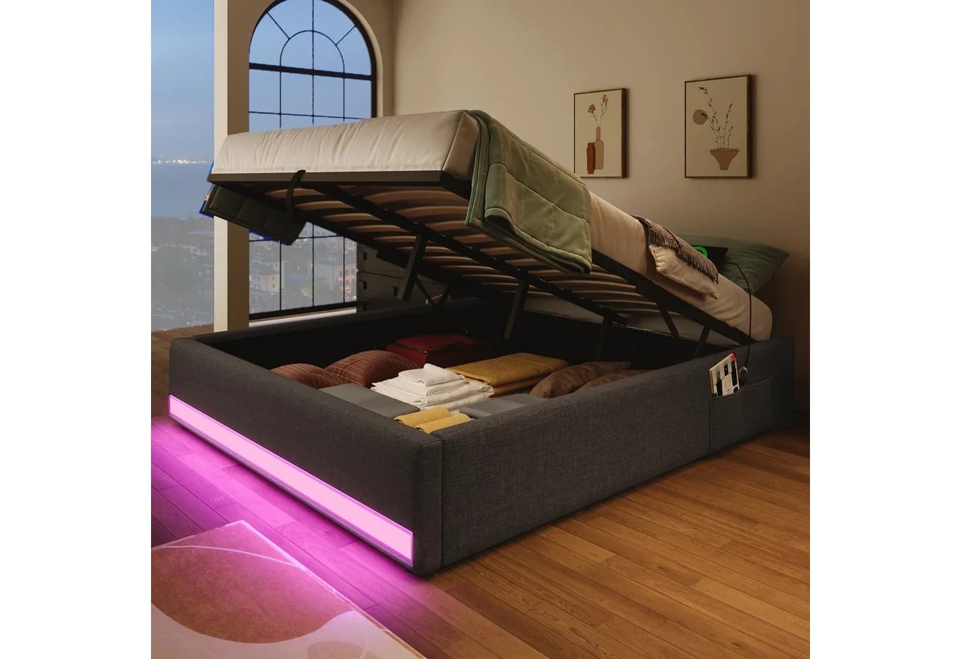 SOFTWEARY Futonbett Grau mit LED & Bettkasten