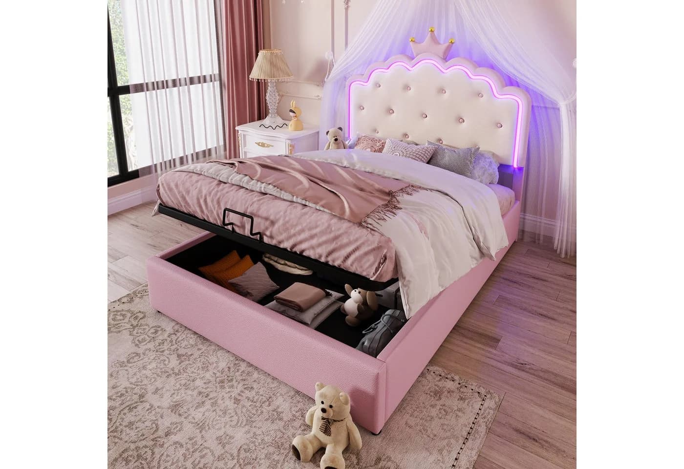 SOFTWEARY Prinzessinbett Rosa Kunstleder mit LED-Beleuchtung und Stauraum