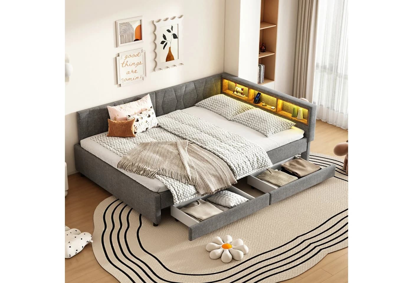 SOFTWEARY Stauraumbett Schlafsofa LED-Beleuchtung USB/Typ-C Anschlüsse