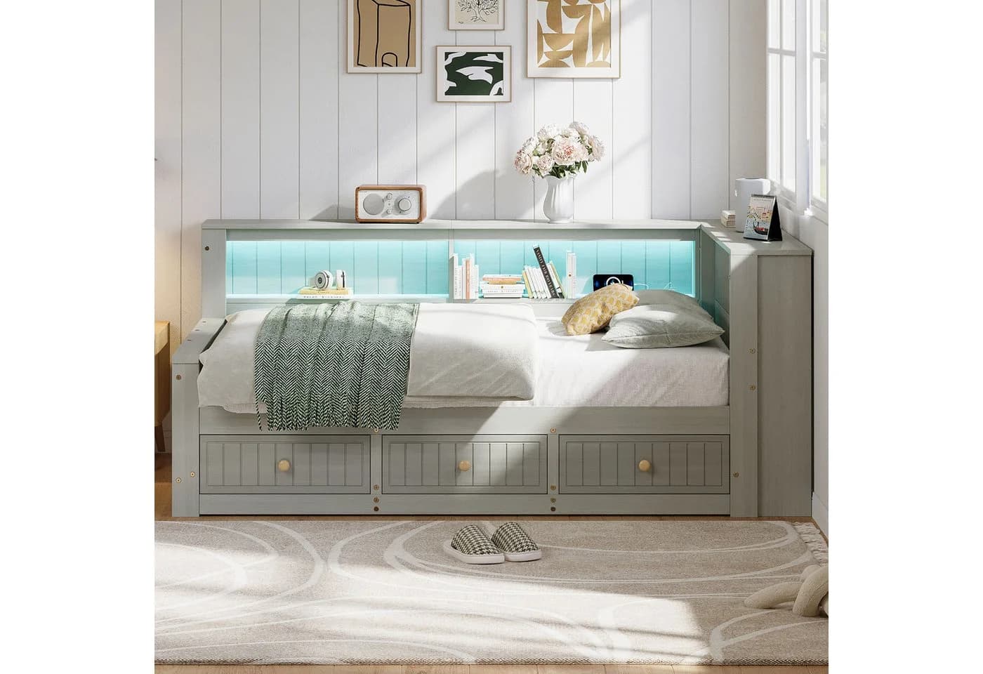 SOFTWEARY Stauraumbett mit LED-Beleuchtung und Schubladen Grau