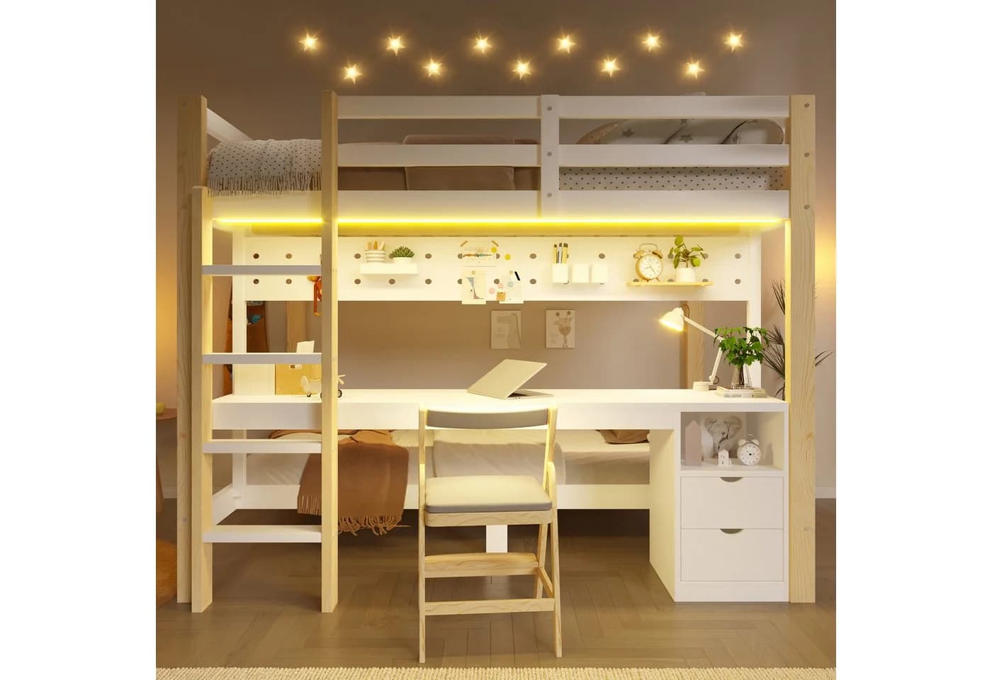 SOFTWEARY Etagenbett mit Schreibtisch, LED & Schubladen Kiefer weiß-holz