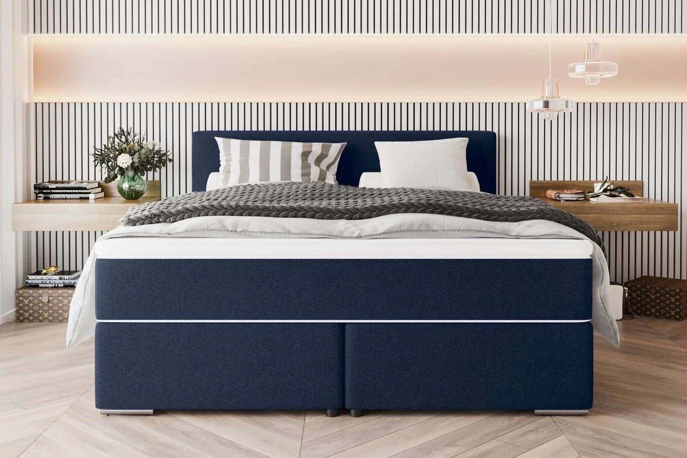 99rooms Boxspringbett Phönix Dunkelblau mit Matratze und Topper