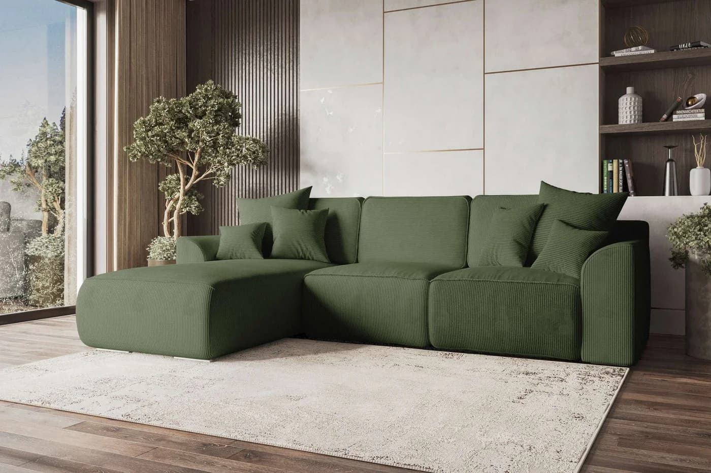 99rooms Ecksofa Gusto L-Form Eckcouch mit Schlaffunktion Cordstoff Khaki