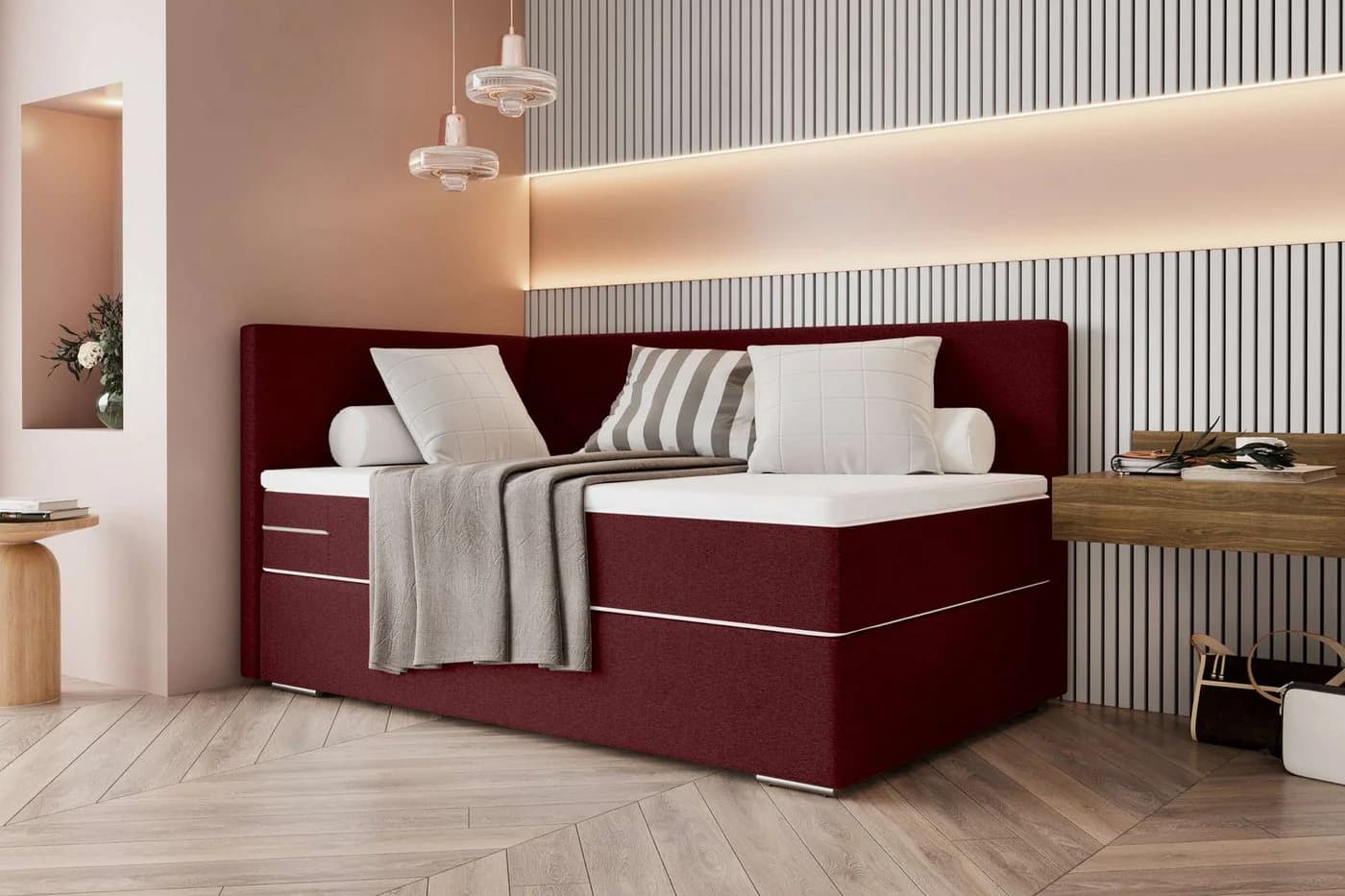99rooms Boxspringbett Phönix Mini Plus mit Matratze & Topper Bordeaux