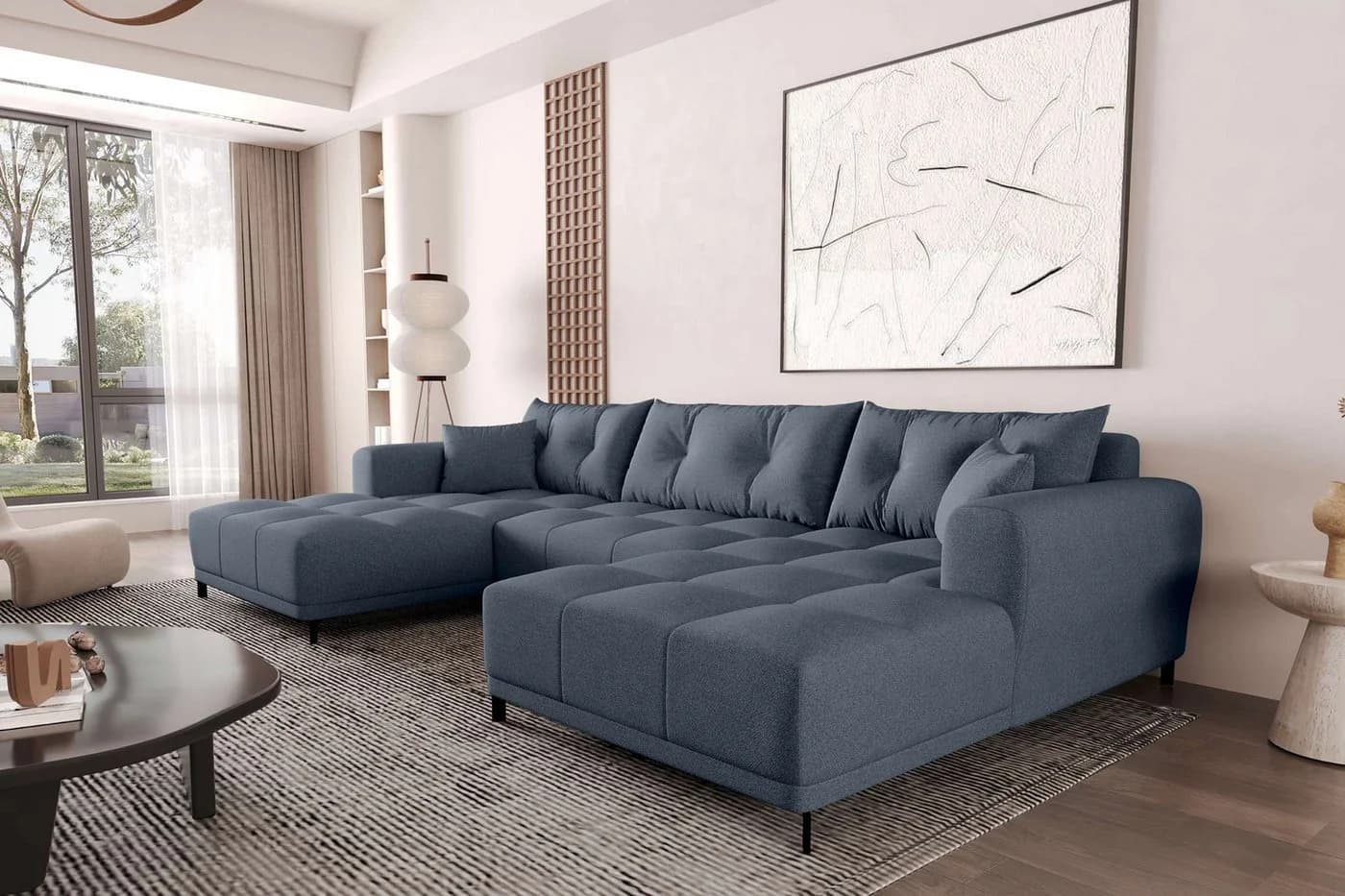 99rooms Wohnlandschaft Massimo U-Form Sofa mit Schlaffunktion Dunkelblau