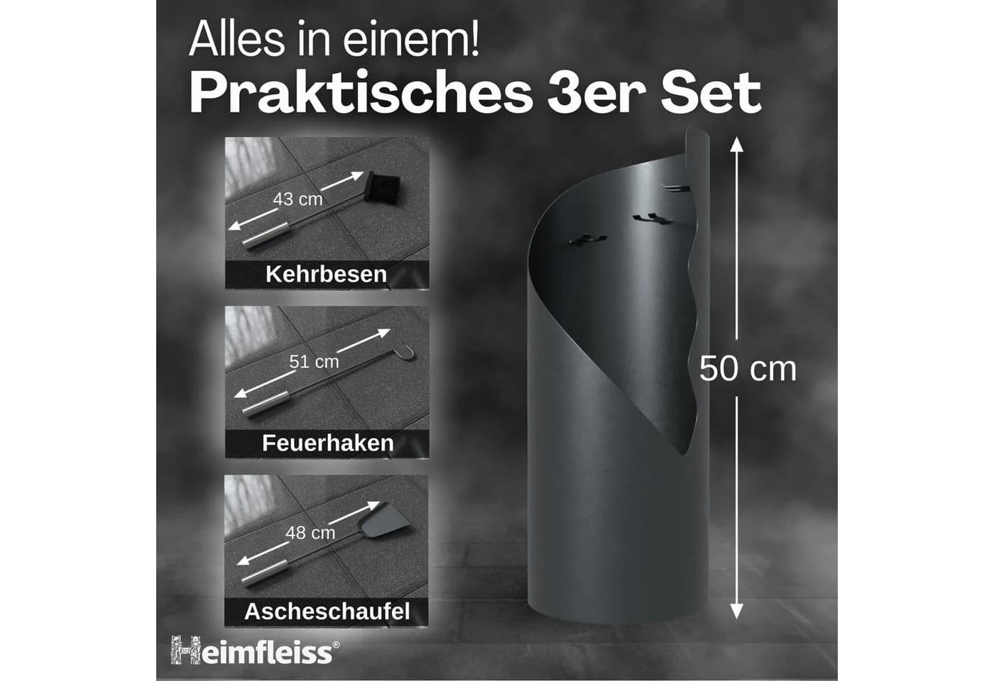 Heimfleiss® Kamingarnitur Modernes Kaminbesteck Stahl & Holz Grau