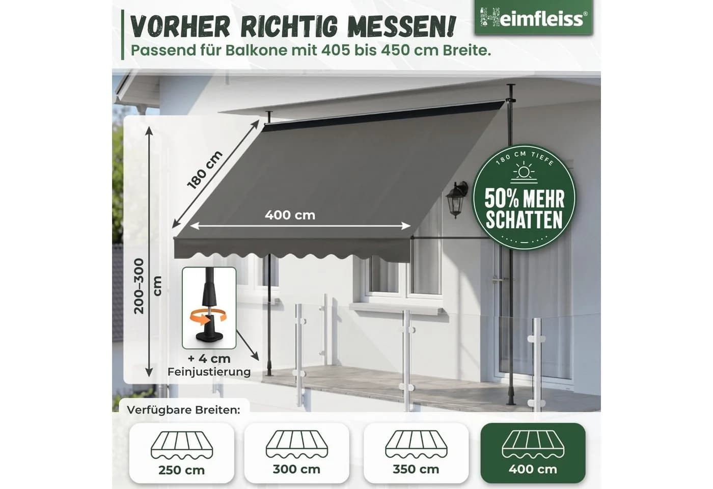 Heimfleiss Klemmmarkise Balkon ohne Bohren Anthrazit UPF 50+