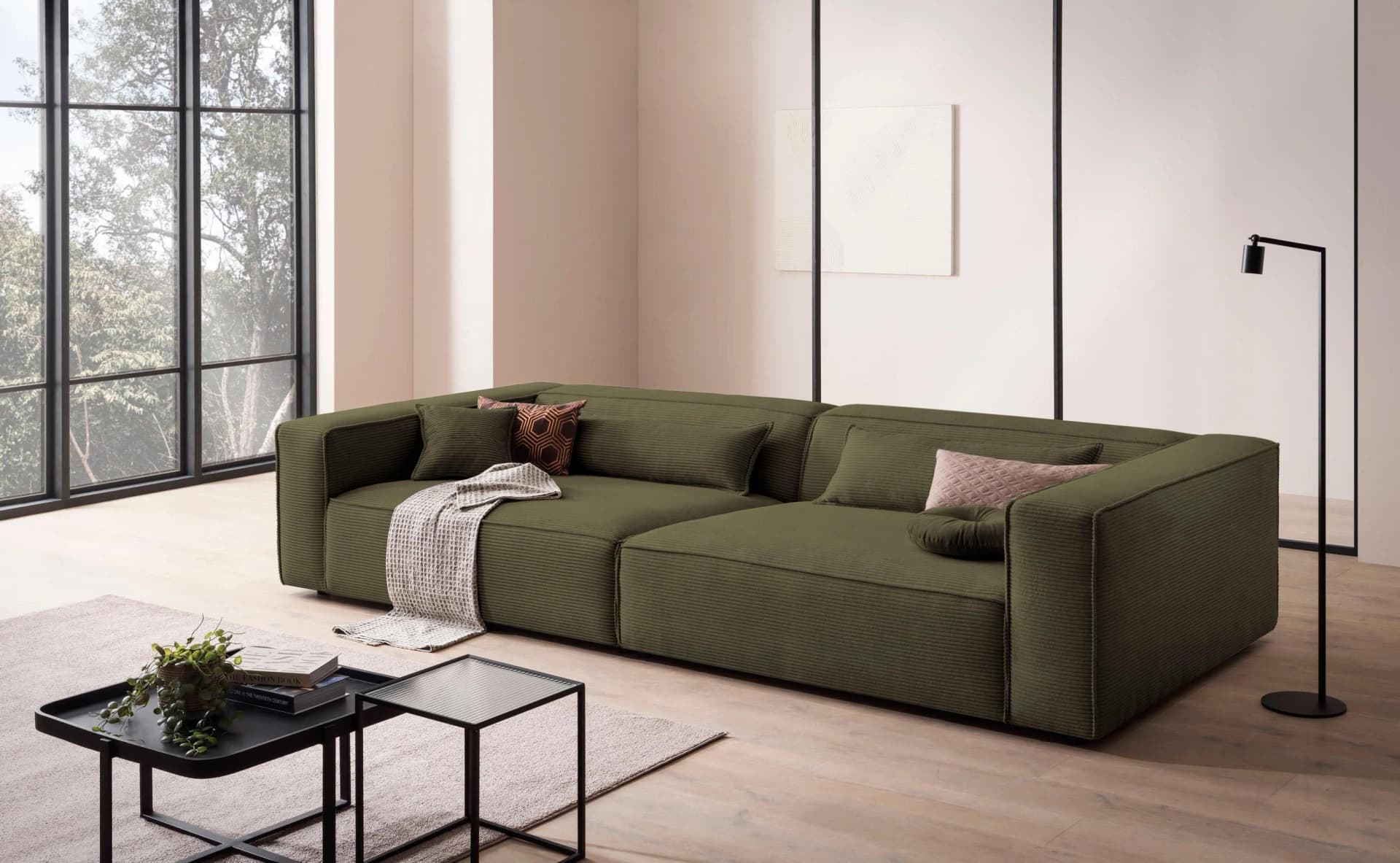 LeGer Home PIARA XXL 3-Sitzer Sofa Cord Khaki mit Kedernaht