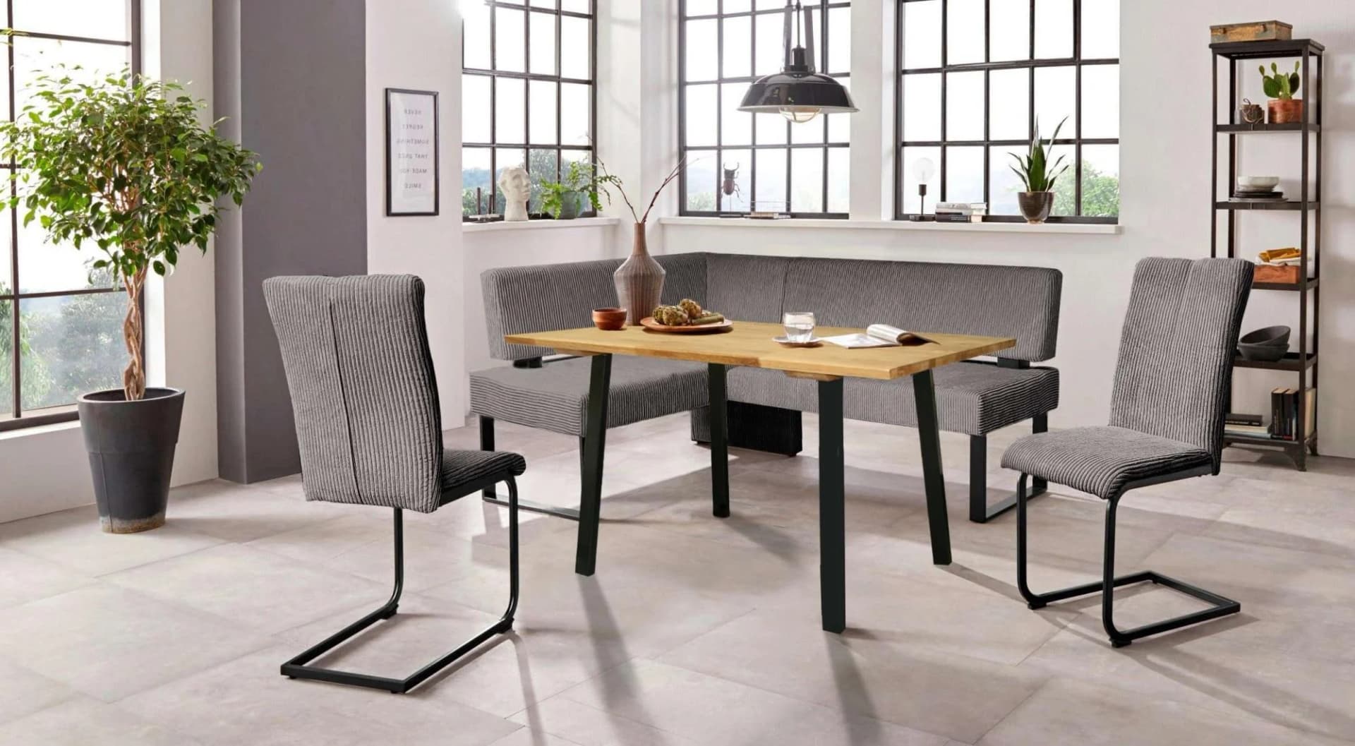 OTTO HOME Eckbankgruppe Oliver Grau/Schwarz mit Eichenholztisch