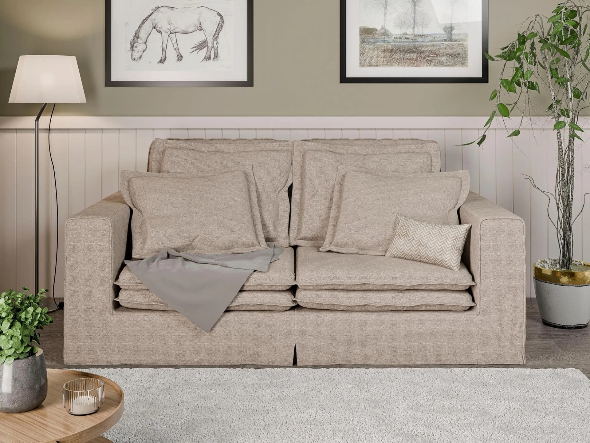 HOME AFFAIRE ALISSAS BIS 3-Sitzer Sofa Beige Samtvelours mit Kissen